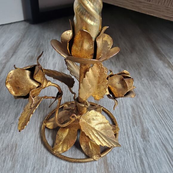 Hollywood Regency Italian Gilded Tole Candlesticks Candle Holders Set of 2 main image 1